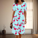 Women's Fashion Graceful Flamingo Print Summer Spring Short Sleeve O-Neck Casual Dresses XS rožinė