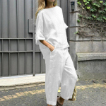 Pavasario/vasaros laisvi medvilniniai lininiai mar&scaron;kiniai auk&scaron;tu juosmeniu ir kelnės, laisvalaikio sportinis kostiumas XXXXXL