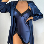 Moteri&scaron;kos laisvalaikio pižamos Du komplektai su slingu i&scaron;oriniu chalatu Sexy Fashion Simulation &Scaron;ilko pižamos Ice Silk Namų drabužiai L mėlyna