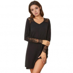 Moteri&scaron;ki naktiniai mar&scaron;kiniai ilgomis rankovėmis V formos i&scaron;kirpte, nėrinių aplikacijomis, mini naktinukai su imitacine užsegama priekine dalimi XL tamsiai pilka spalva