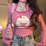 2KWEIRD Saldus Animacinis Ra&scaron;tas Klostuoti Mar&scaron;kinėliai Y2k Estetika Asimetrija Fėji&scaron;kas Grunge Mar&scaron;kinėliai Vintažinis Lopininis Halter Topas Harajuku Gatvės Mada XL