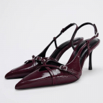 Dizainerio mėlyno džinsinio audinio Slingback su sagties dirželiu Moteri&scaron;ki bateliai Seksualūs Smailianosiai Auk&scaron;takulniai Eleganti&scaron;ki vakarinių suknelių bateliai Zapatos De Mujer 36 vyno raudonos spalvos