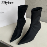 Pavasaris Ruduo Tampri Medžiaga Moteri&scaron;ki Ankle Boots Seksualūs Smailūs Pir&scaron;tai Auk&scaron;ti Kulniukai Madingi Moteri&scaron;ki Kojinės Siurbliai Batai 38 juoda