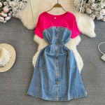 Džinsinės suknelės trumpomis rankovėmis moteriai Netikri, du džinsai, rai&scaron;tiniai, moteri&scaron;kos suknelės, suvarstomos su kaklu. Vestidos Dropshipping One Size rožinė raudona spalva