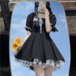 Kawaii Gothic Lolita Suknelė Moteri&scaron;ka Goth Harajuku Miela nėriniuota juoda pūstomis rankovėmis trumpos suknelės School Jk 2022 Summer Girls