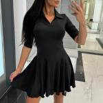 Moteri&scaron;ka vienspalvė atlenkiamo kaklo mar&scaron;kinių suknelė moterims, deranti prie visko, ilgomis rankovėmis, klostuota suknelė, eleganti&scaron;ka žieminė rudeninė mini suknelė L pilka