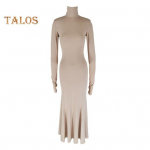 Moteri&scaron;ka vakarinė suknelė ilgomis rankovėmis, aptempta, vientisos spalvos, apvalkalo tipo, atvira nugara, ilga iki grindų, tampri, pusiau auk&scaron;tu kaklu, proginė, vakarėlio, maksi S ruda