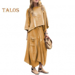 2 vnt./kompl. Moteri&scaron;kas vir&scaron;us ir sijonas Kostiumas Apvali i&scaron;kirptė Trys ketvirčiai rankovės Asimetri&scaron;kas kra&scaron;tas Vintažinis vir&scaron;us Rai&scaron;telis Elastingas juosmuo Laisvas Nereguliarus Maksi sijonas Pavasaris Kasdienis S geltona