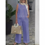 Moteri&scaron;kos vasarinės mados paprastos berankovės palaidinės, laisvos, plačios kelnės, medvilniniai lininiai komplektai, kostiumai ir komplektai moterims L
