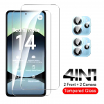 [2+2] 4 in 1 Skaidrus HD ekrano apsauginis dėklas grūdintas stiklas + objektyvo plėvelė, skirta Redmi Note 14 5G 4G fotoaparato objektyvo plėvelei Redmi Note14 dangtelis RedMi Note 14 5G balta