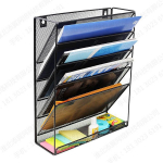 Sieninis metalinis dokumentų stovas: Penkių auk&scaron;tų vertikalus A4 dokumentų organizatorius ir daugiaauk&scaron;tis knygų laikymo krep&scaron;ys. juoda