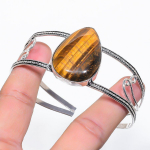 Natural Tiger Eye Gemstone 925 Sterling Silver Cuff Bangle Adjustable f3t01