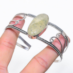 Natural Prehnite Gemstone 925 Sterling Silver Cuff Bangle Adjustable i6r96