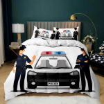Policijos automobilio antklodės užvalkalas Juodas policininko automobilis Dvigulės lovos patalynės komplektas Animacinis transporto priemonės pledo užvalkalas Raudoni policijos žibintai Poliesterio antklodės užvalkalas 70x133cm 2pcs