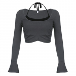 Moteri&scaron;ki &bdquo;Crop Tops&ldquo; drabužiai su kaklu, ilgomis rankovėmis, vienspalviai korseto mar&scaron;kinėliai L pilka