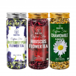 MĖLYNA ARBATA - 3 viename rinkinys | Drugelių žiedai - 25g, Hibiskas - 50g, Ramunėlės - 30g | Odos spindesiui ir miegui | Be kofeino - Žolelių arbata - Flow
