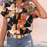 SOWOOLIFE moteri&scaron;kos mados kasdieninės gėlėmis spausdintos palaidinės ir mar&scaron;kiniai trumpomis rankovėmis V i&scaron;kirpte M juoda