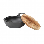 Ketaus Wok su 2 rankenomis mediniu dangteliu keptuvė plok&scaron;čiu pagrindu, nepadengta, skirta kepimui ant grotelių garams A 20cm / 7.9in