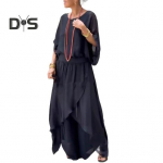 Moteri&scaron;kas laisvalaikio dviejų dalių &scaron;ifono rinkinys, plius dydžio nuotakos mamos kostiumas su kaklu, plačiomis kelnėmis, sklandi vestuvinio svečio apranga XXXL juoda