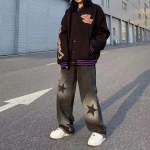 Negabaritiniai &bdquo;Washed Star Pattern&ldquo; platūs džinsai &bdquo;High Street&ldquo; laisvi tiesūs &bdquo;Y2K&ldquo; džinsai Vasaros laisvalaikio gatvės hiphopo moteri&scaron;ki džinsai XXXXL