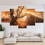 5 vienetai peizažas saulėtekis rūkas mi&scaron;kas raudoni lapai medis saulės &scaron;viesa drobė tapyba Plakatai ir spaudiniai Sienų menas Namų dekoras Be rėmelio 30x40cm*2 30x60cm*2 30x80cm*1
