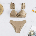 Seksualūs chaki spalvos briaunoti maudymosi kostiumėliai su auk&scaron;tu juosmeniu Bikinių rinkinys su raukiniais maudymosi kostiumėliais Cross Bandage maudymosi kostiumėlis Brazilijos bikinio pirtininkas