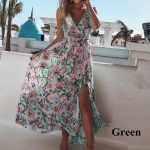 Moteri&scaron;ka Boho suknelė Mėlyna gėlėmis marginta ilga Maxi suknelė V formos i&scaron;kirpte Vasaros paplūdimio vakarėlis saulėlydžio suknelės Berankovės Suknelės Vestidos XXL žalia