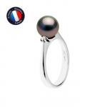PERLINEA - Bague V&eacute;ritable Perle de Culture de Tahiti Ronde 8-9 mm - V&eacute;ritable Diamants - Or Blanc - Bijou Femme