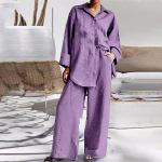 Medvilninis komplektas Moteri&scaron;kas kostiumas Laisvalaikio atvarto mar&scaron;kiniai Vir&scaron;utinė palaidinė Laisvos kelnės Dviejų dalių rinkinys Moterims Eleganti&scaron;ki apranga Kelnės Moteri&scaron;ki XXL violetinė