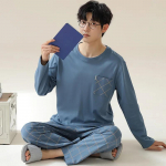 Vyri&scaron;ka dviejų dalių pižama vyri&scaron;ka ilgomis rankovėmis pižama pavasariui ir rudeniui Korėjos mada medvilnė laisvalaikio namų drabužių kostiumas L for 60-70kg