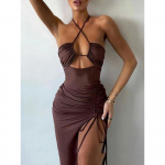 Vasaros Seksuali Suknelė Moterims Berankovė Atvira Nugara I&scaron;kirpta Vakarėlio Suknelė Mada Suri&scaron;ama Auk&scaron;ta Apykaklė Kūną Apgaubianti Eleganti&scaron;ka Suknelė su Skeltuku S ruda