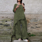 Moteri&scaron;kas medvilninis lino rinkinys Vintage Fashion netaisyklingas vir&scaron;us su auk&scaron;tu juosmeniu plačiomis kelnėmis 2 dalių rinkinys Atsitiktinis eleganti&scaron;kas moteri&scaron;kas vienspalvis rinkinys S