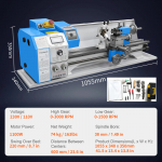 Mini metalo tekinimo staklės 220x600 mm, precizinės stalinės, elektrinės, kintamo greičio, 1100 W, be&scaron;epetėlinis variklis, metalinės pavaros