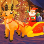 Lauko Kalėdų pripučiama dekoracija Santa Sleigh su elniais priekiniam kiemui, vejai, sodui, &scaron;ventinei festivalio atmosferos dekoracijai elnias