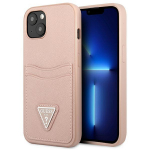 Dėklas iPhone 13 mini Guess Saffiano Triangle Logo Kortelių laikiklis Rožinis