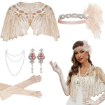Gatsby vakarėlio aksesuarų rinkinys: Plunksnų galvos juosta, perlų vėrinys, cigarečių laikiklis, pir&scaron;tinės, skara - Retro Hepburn kostiumo būtinybės. beige