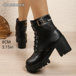 Moterims Madingi Stambiu Kulnu Ankle Boots su Sagtimi Juodos PU Odos Auk&scaron;takulniai Platforminiai Batai Moters Rudens Žiemos Avalynė 35 juoda