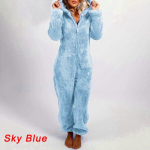 Moterų mados kostiumas ilgomis rankovėmis su gobtuvu dirbtinio kailio kombinezonas žiemai, &scaron;iltas užtrauktukas Vienspalvis mielas me&scaron;kiukas, poilsio apranga Moteri&scaron;ka miegui skirta apranga suaugusiems M dangaus mėlyna spalva