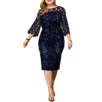 Moteri&scaron;ka &bdquo;O&ldquo; kaklo, 3/4 rankovių, permatomų, blizgių blizgučių suknelė &bdquo;Bodycon&ldquo; iki kelių XXXXXL mėlyna