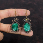 Fasetuoti Zambijos smaragdo auskarai, apvynioti varine viela, nuostabūs brangakmenių auskarai, variniai papuo&scaron;alai dovanai, rankų darbo vielos apvyniojimo papuo&scaron;alai
