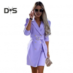 Moteri&scaron;ka verslo suknelė su diržu ties juosmeniu, atlenkiamu kaklu, V formos i&scaron;kirpte, dvieile, ilgomis rankovėmis, OL kelionėms, formalaus stiliaus, vienspalvė, mini suknelė 2XL violetinė