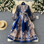 Nauja rudens Paisley gėlių spausdinimo &scaron;ventinė suknelė Boho moterims V kaklo žibinto rankovėmis su rai&scaron;teliais, ki&scaron;enėmis, vientisa ilga Vestido XL mėlyna