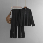 Rudens ir žiemos tingus vėjo laisvas megztinis su auk&scaron;ta apykakle, užtrauktuku, moteri&scaron;kas vienspalvis ilgomis rankovėmis, megztas plačiomis kelnėmis, dviejų dalių komplektas One Size juoda