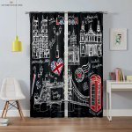 Amerikieti&scaron;ko retro juodai balti miesto pastatai autobusas 3D spaudos užuolaidos, tinkančios miegamajam, svetainei, darbo kambariui, dekoratyvinės W50X130H(CM)X2PCS&Grommet Top