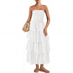 Moteri&scaron;ka suknelė be petne&scaron;ėlių, atidengtais pečiais, atvira nugara, be rankovių, paplūdimio suknelė, daugiasluoksnė suknelė su raukiniais, asimetri&scaron;ku kra&scaron;tu, atostogų suknelė, elastinė krūtinė, ilga suknelė XXL smėlis