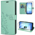 Coque de Protection - BOOLING - Samsung Galaxy A17 4G/5G - Cuir PU Antichoc Vert Papillon - 2 Vitres