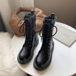 Žiemos Mada Moteri&scaron;ki Batai Suvarstomi Blauzdos Apimties Apvalianos Nosies Moteri&scaron;ki Batai Juodi Vidutinio Auk&scaron;čio Kvadratinis Kulnas PU Moteri&scaron;ki Batai 35