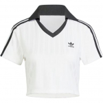 Adidas Originals dryžuoti V formos i&scaron;kirptės trumparankoviai polo mar&scaron;kinėliai moterims vir&scaron;utiniai drabužiai Balti JD2608 XS