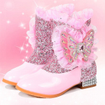 Mergaitei&scaron;ki pliu&scaron;iniai su kalnų kri&scaron;tolu drugelio batai - &Scaron;ilti rudens/žiemos auk&scaron;takulniai trumpi batai vaikams. Size 34 / Inner Length 21.5cm rožinė