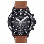 Tissot Seastar serijos kvarcinis laikrodis 300 metrų atsparumo vandeniui 45,5 mm juodas ciferblatas nerūdijančio plieno korpusas odinis dirželis T120.417.36.051.00 Brown Strap